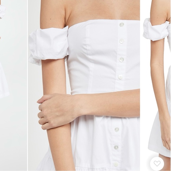 Staud Mini Elio Dress in White / Off The Shoulder Prairie Dress w/ Puffy Sleeves - Picture 4 of 13